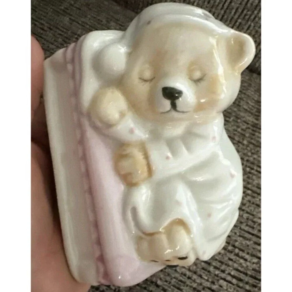 Vintage Sleeping Baby Bear Coin Bank Ceramic Pink White Nursery Decor Cute